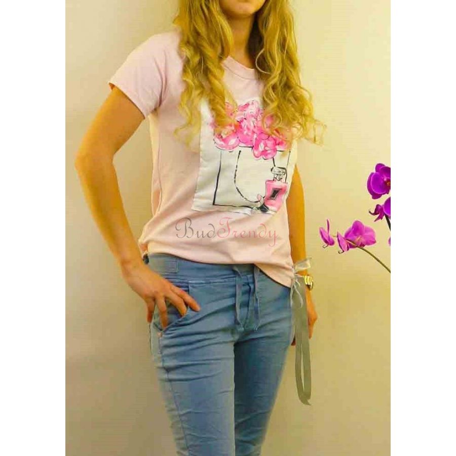 Růžové dámské tričko s potiskem a mašlí